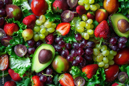 overhead view of a mixed fruit salad with vibrant strawberries and green grapes