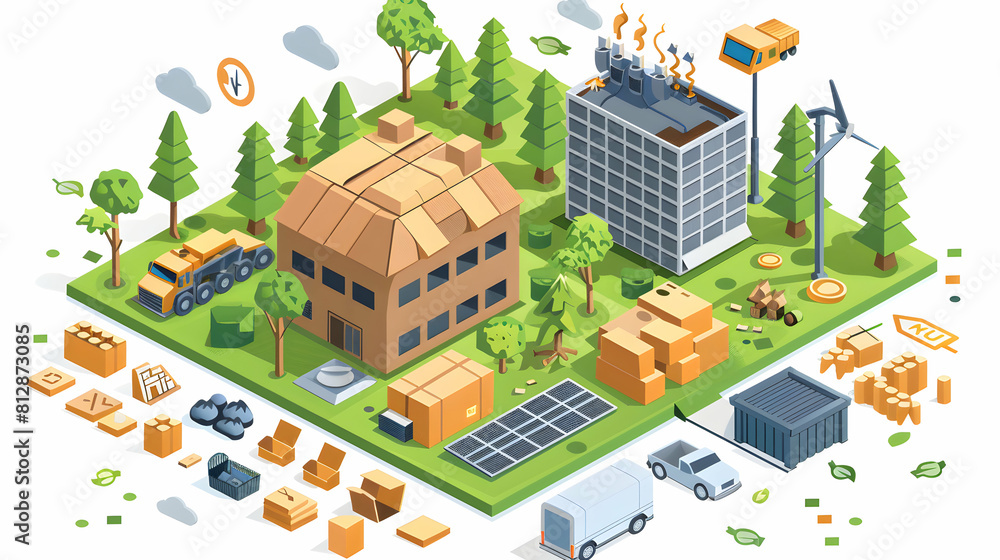 Eco Friendly Material Sourcing Concept in Business: Promoting Environmental Stewardship and Reducing Carbon Footprint with Simple Flat Design Icon   Isometric Scene Illustration