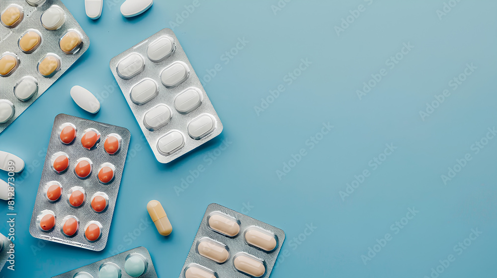 Pills, Tablets and capsules in packs with blue background copy space for slide presentation Pills, Tablets and capsules in packs with blue background copy space for slide presentation