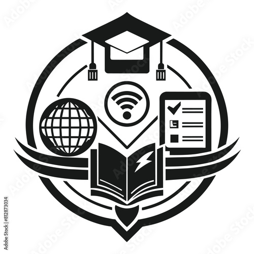 A black and white logo featuring a globe intertwined with a book, symbolizing knowledge and global awareness, A monochromatic logo embodying the digital era of learning