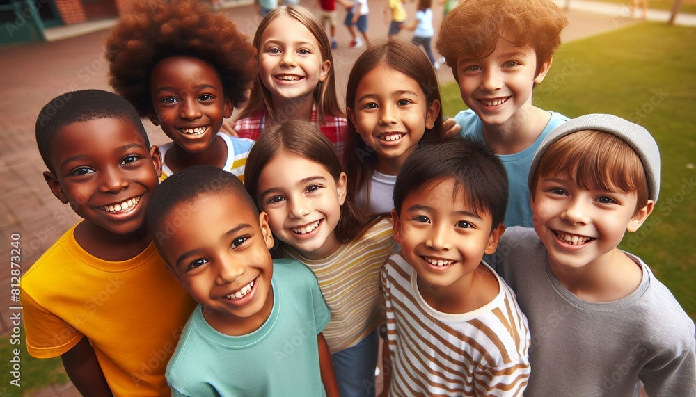 Group of smiling kids looking at camera while standing on the playground in school Group of smiling kids looking at camera while standing on the playground in school