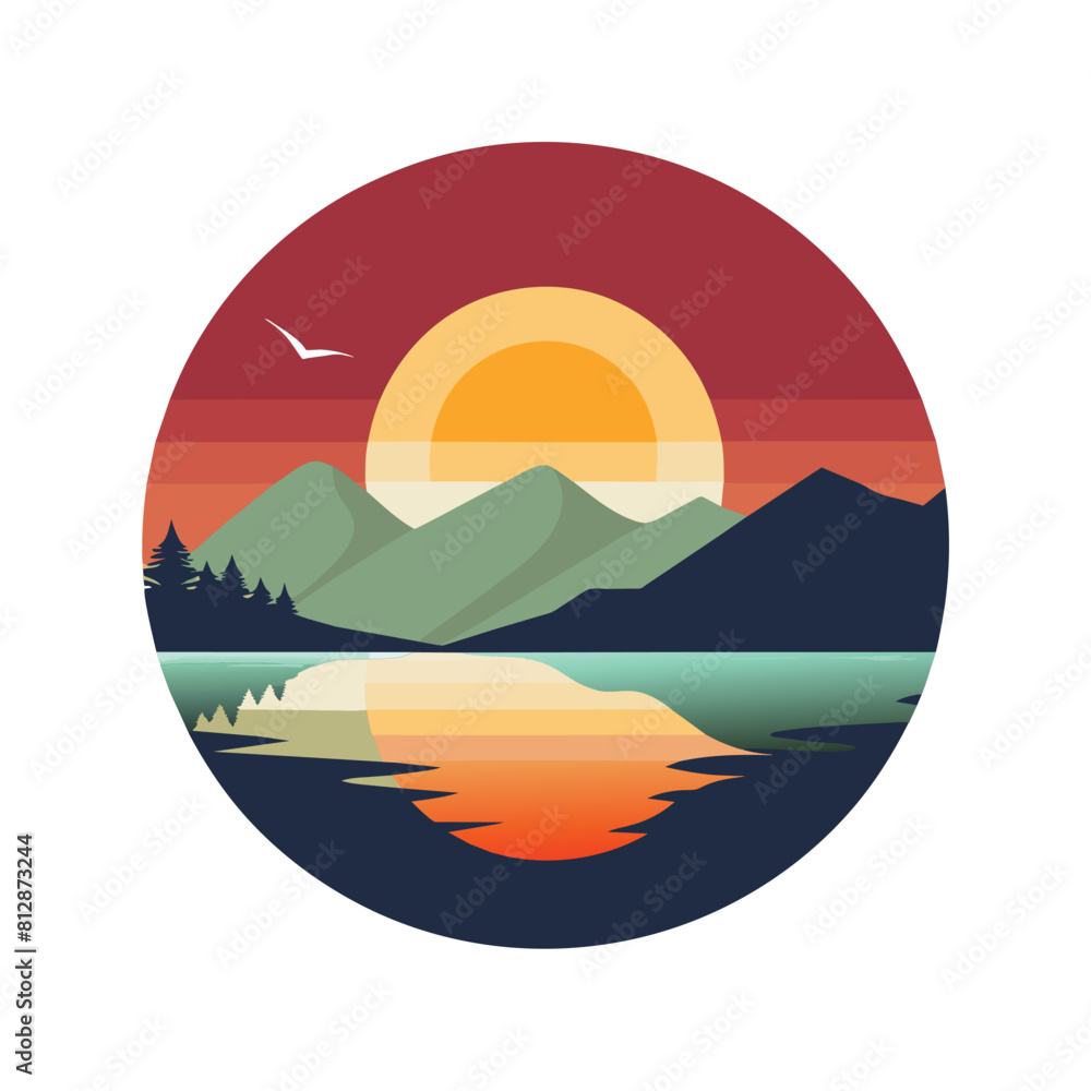 Fototapeta premium A sunset casting a warm glow over mountains surrounding a serene lake in the middle, A peaceful sunset over a tranquil lake, minimalist logo