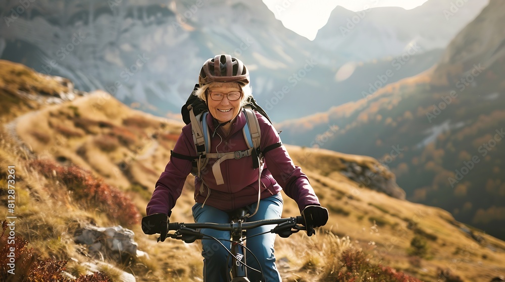 nice senior woman on mountain bike climbing up Mount Fellhorn in the Allgaeu High Alps with Trettach and Maedelegabel in background Allgau Bavaria Germany : Generative AI nice senior woman on mountain bike climbing up Mount Fellhorn in the Allgaeu High Alps with Trettach and Maedelegabel in background Allgau Bavaria Germany : Generative AI