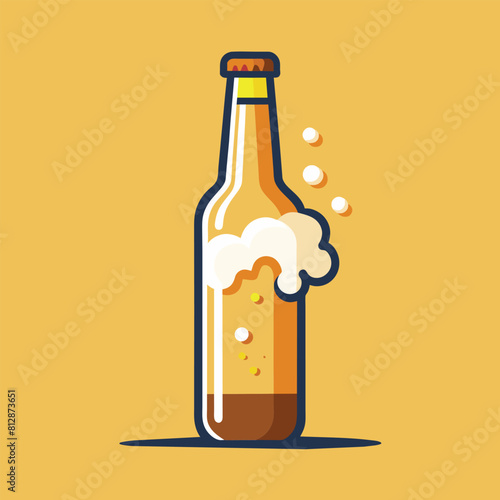 A beer bottle releasing bubbles as foam forms on its surface, A simple design of a beer bottle with foam coming out, minimalist logo