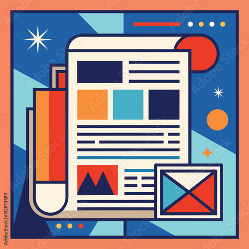 A newspaper lying next to a mailbox in a simple urban setting, A simple geometric design of a stylized newspaper for a digital news platform