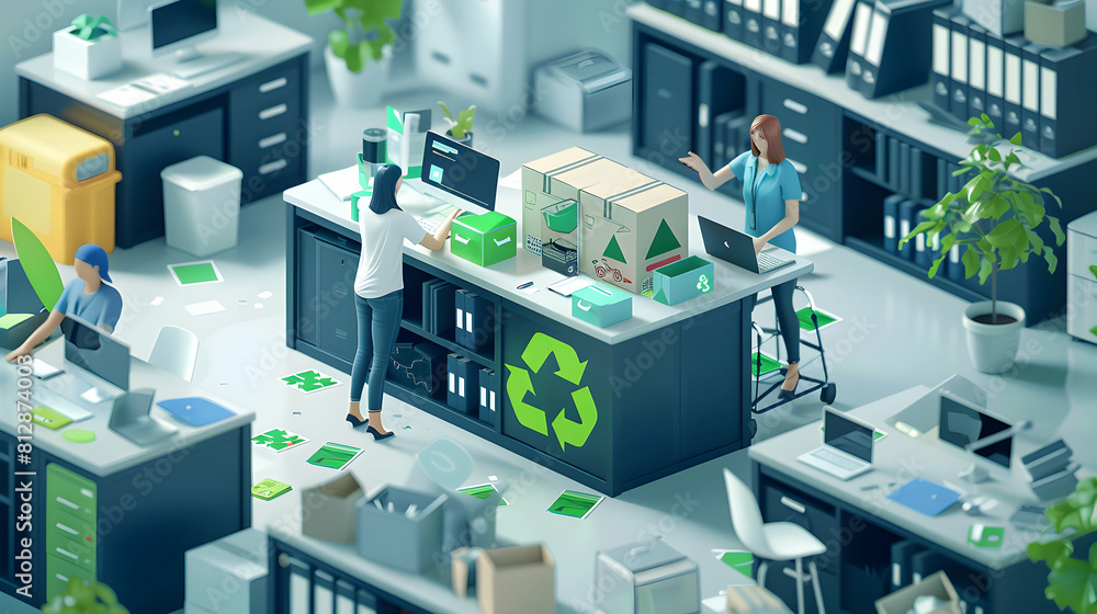 Green Office Initiatives: Employees Engage in Eco Friendly Practices within Certified Office Environment | Isometric flat design icon on Recycling and Energy Conservation Activitie Green Office Initiatives: Employees Engage in Eco Friendly Practices within Certified Office Environment | Isometric flat design icon on Recycling and Energy Conservation Activitie