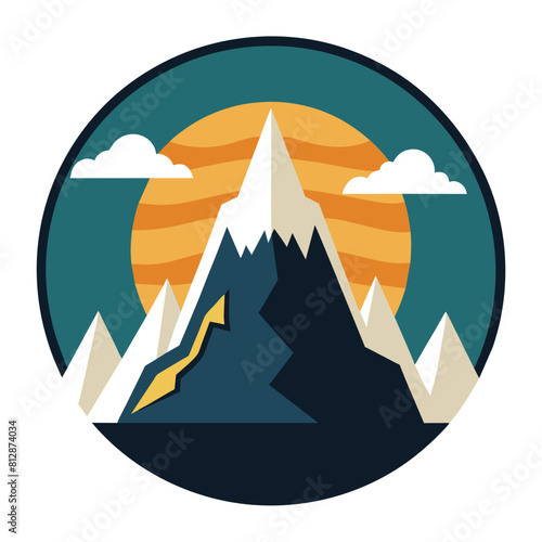 A mountain peak in silhouette against a vibrant sunset sky, A simplistic icon of a mountain peak conveying strength and determination