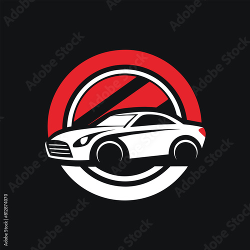 Logo featuring a white car enclosed in a red circle on a black background, A simplistic logo inspired by the world of automobiles, minimalist logo