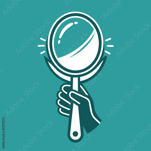 A hand grips a magnifying glass, with focus on the magnifying glass lens and the fingers holding it, A sleek, minimalist design featuring the outline of a hand holding a mirror