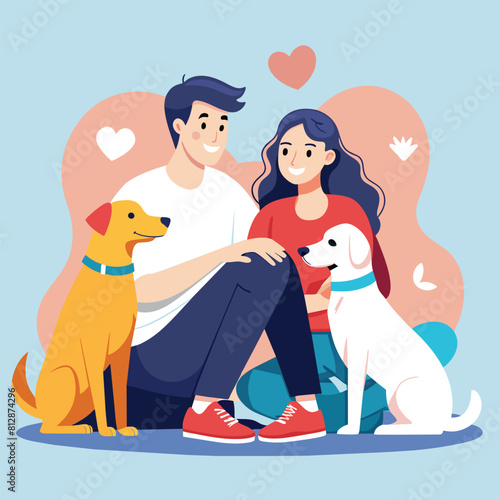 A man and woman are seated next to a dog in a simple setting, A sleek, minimalistic design showing pets and their owners bonding