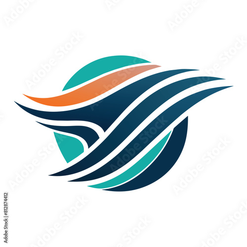 Logo design featuring sleek blue and orange wave patterns, A sleek, streamlined logo featuring a wave pattern for a travel inspiration blog