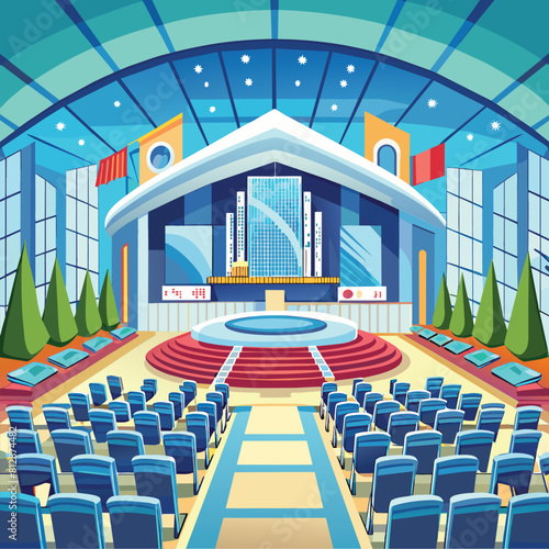 A large auditorium with orderly rows of blue chairs ready for an event, A sleek and elegant conference center offering state-of-the-art facilities