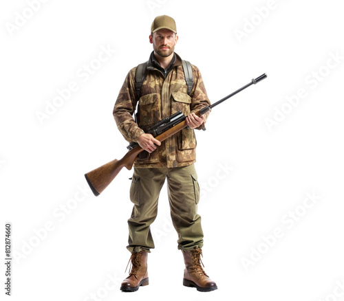 Hunter with rifle and suitable clothing-