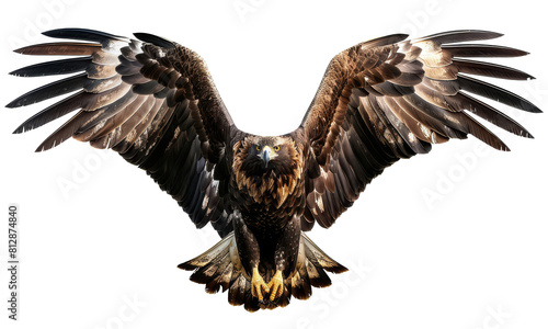 realistic an eagle is descending with its wings open with a front view, isolated on transparent png background