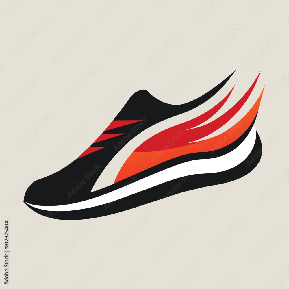 A pair of shoes featuring red and black stripes on a white background, A sleek graphic of a running shoe, minimalist logo A pair of shoes featuring red and black stripes on a white background, A sleek graphic of a running shoe, minimalist logo
