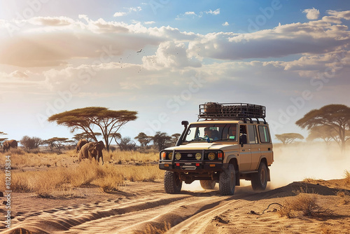 Powerful SUV with Big Wheels Traversing Sand Dunes on Safari with Adventure Gear Against Savannah Backdrop