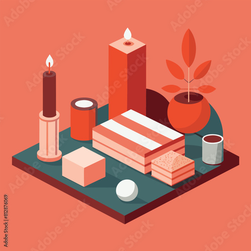 Illustration featuring candles, candlesticks, and assorted items in a flat design style, A subtle, monochromatic depiction of a yoga mat and blocks