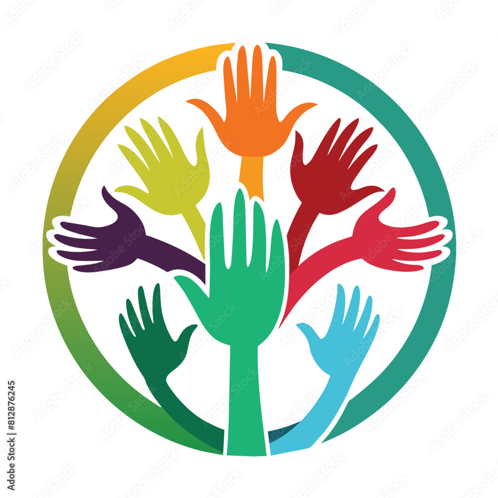 Obraz premium A group of hands interlocked in a circular formation, symbolizing unity and support, A symbol for a volunteer group that showcases helping hands in a clean, modern style