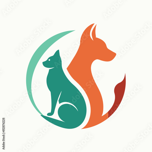 A cat and a dog sitting in a circular formation, showcasing a unique bond between different species, A subtle silhouette of a cat and dog together, minimalist logo