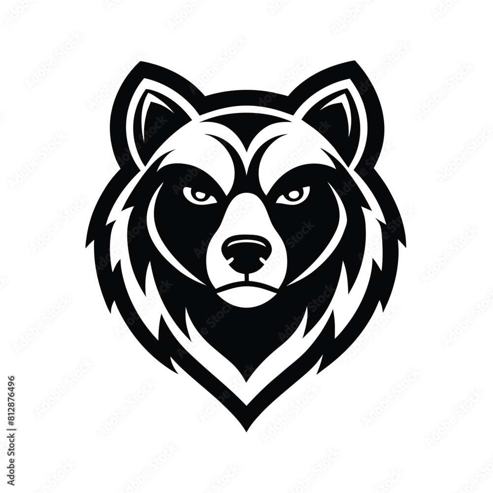 Fototapeta premium Black and white bear head on a plain white backdrop, showcasing detailed features and contrast, Abstract bear head in black and white, minimalist logo