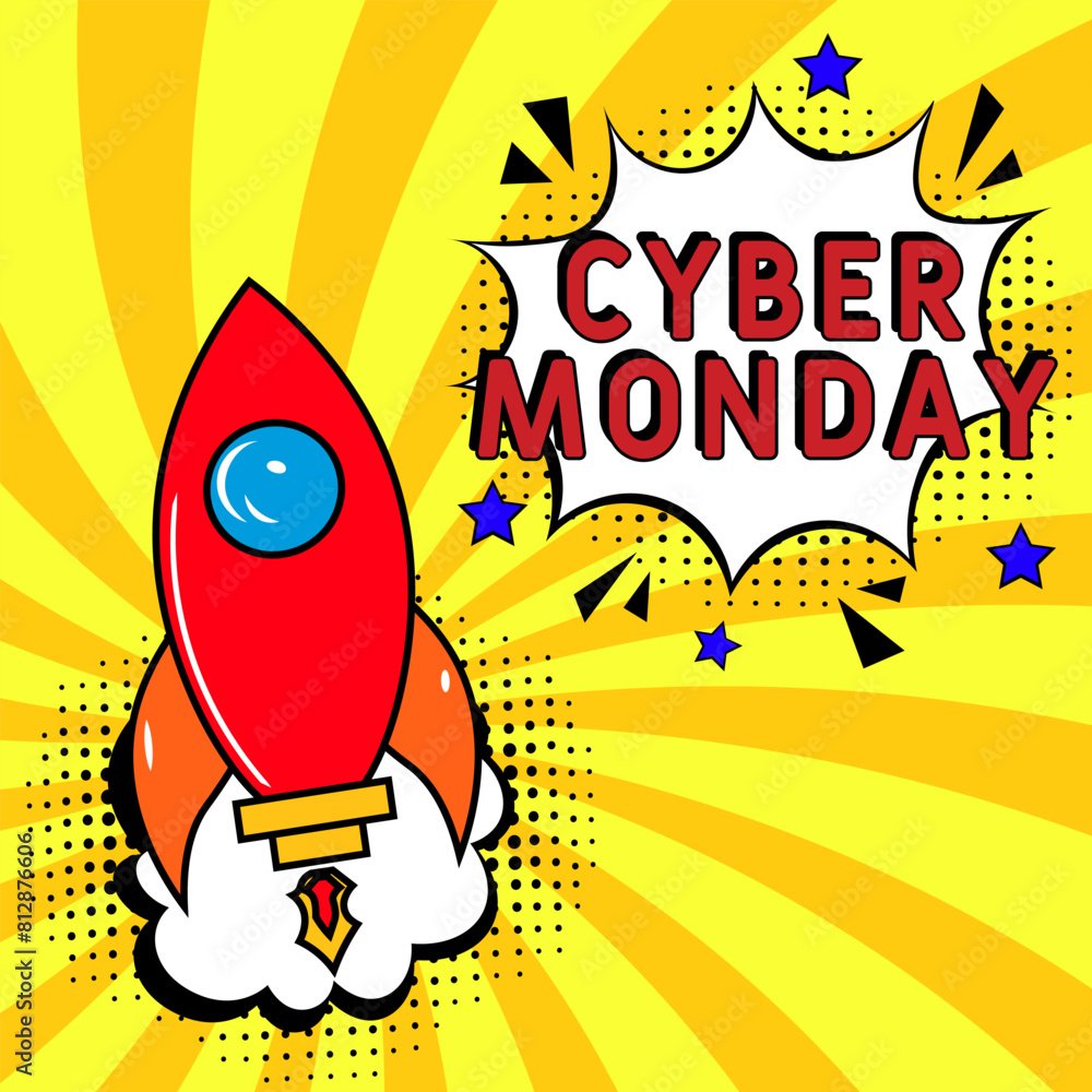 Fototapeta premium Cyber monday pop art. Cyber monday in comic pop art style. Cyber monday message in sound speech bubble in pop art style. Comic book explosion with text Cyber monday.