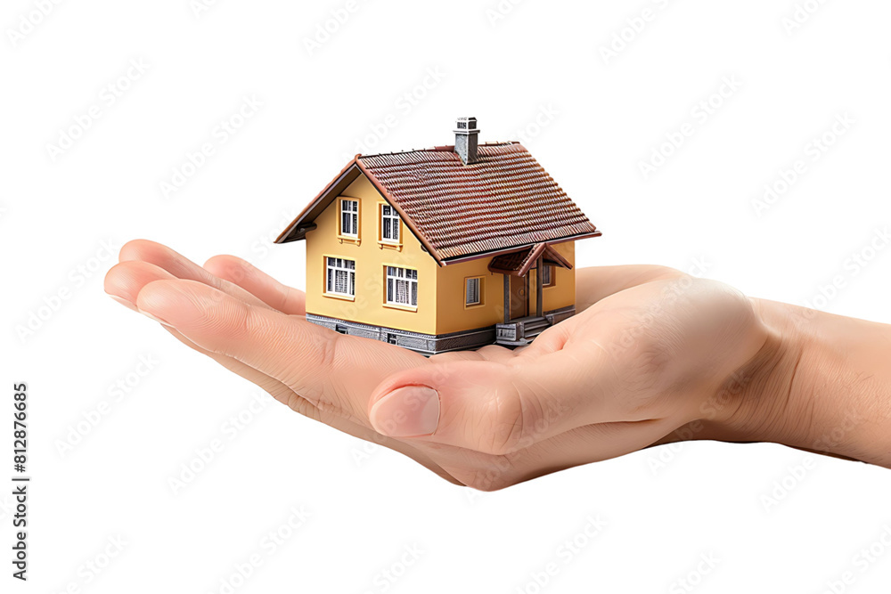 Hand holding a small simple house on isolated transparent background Hand holding a small simple house on isolated transparent background