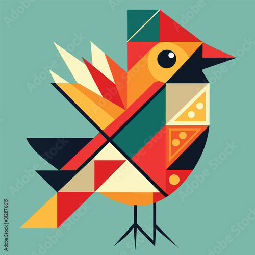 A vibrant bird sits atop a solid blue background in this colorful and eye-catching scene, Abstract geometric representation of a bird in a minimalist style