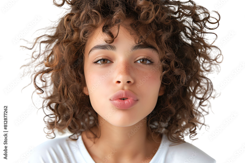 Headshot of girl with curly hairstyle wearing t-shirt send air kiss pouted lips on isolated transparent background Headshot of girl with curly hairstyle wearing t-shirt send air kiss pouted lips on isolated transparent background