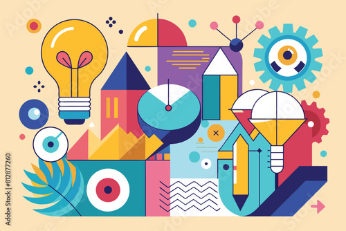Diverse items representing advancement and creativity in a single frame, Abstract shapes symbolizing innovation and progress, minimalist logo