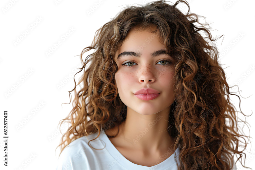 Headshot of girl with curly hairstyle wearing t-shirt send air kiss pouted lips on isolated transparent background Headshot of girl with curly hairstyle wearing t-shirt send air kiss pouted lips on isolated transparent background