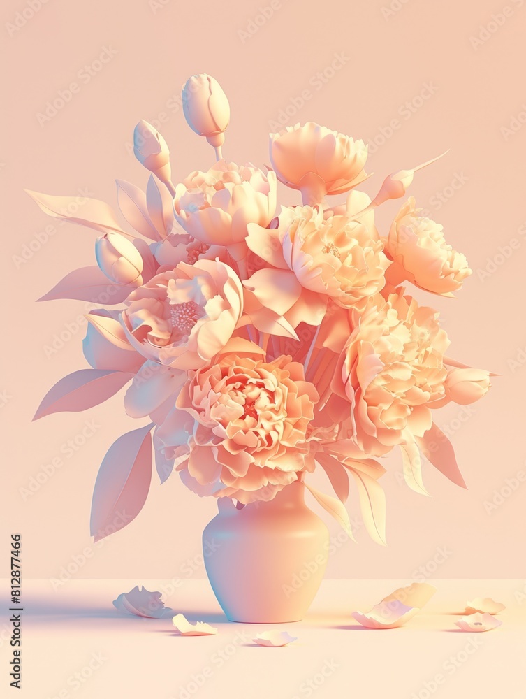 Obraz premium Clay style: bouquet of carnation flowers with clay texture and texture on the surface, soft lighting, 3D icon clay rendering, pastel colors, pastel background, strong color contrast, Mother's Day
