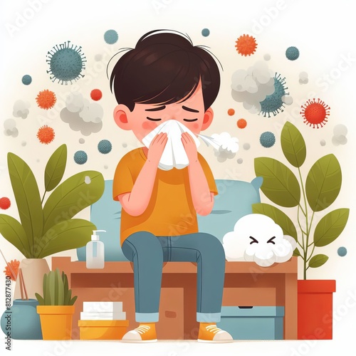 Boy sneezes from allergy to household dust. Children allergic rhinitis