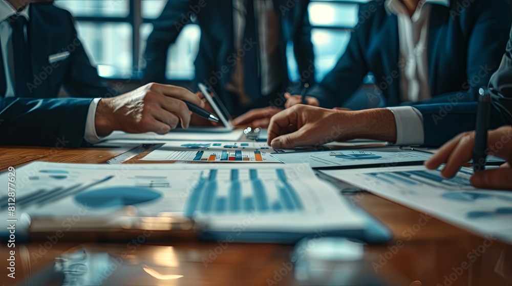 Business people at a meeting, a team working on a project with financial documents and charts at an office table Business people at a meeting, a team working on a project with financial documents and charts at an office table