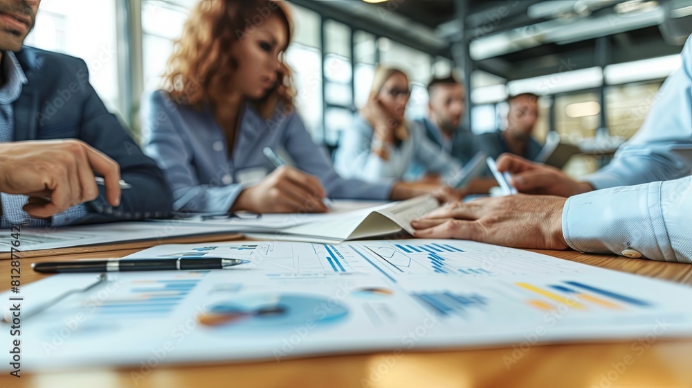 Business people at a meeting, a team working on a project with financial documents and charts at an office table Business people at a meeting, a team working on a project with financial documents and charts at an office table