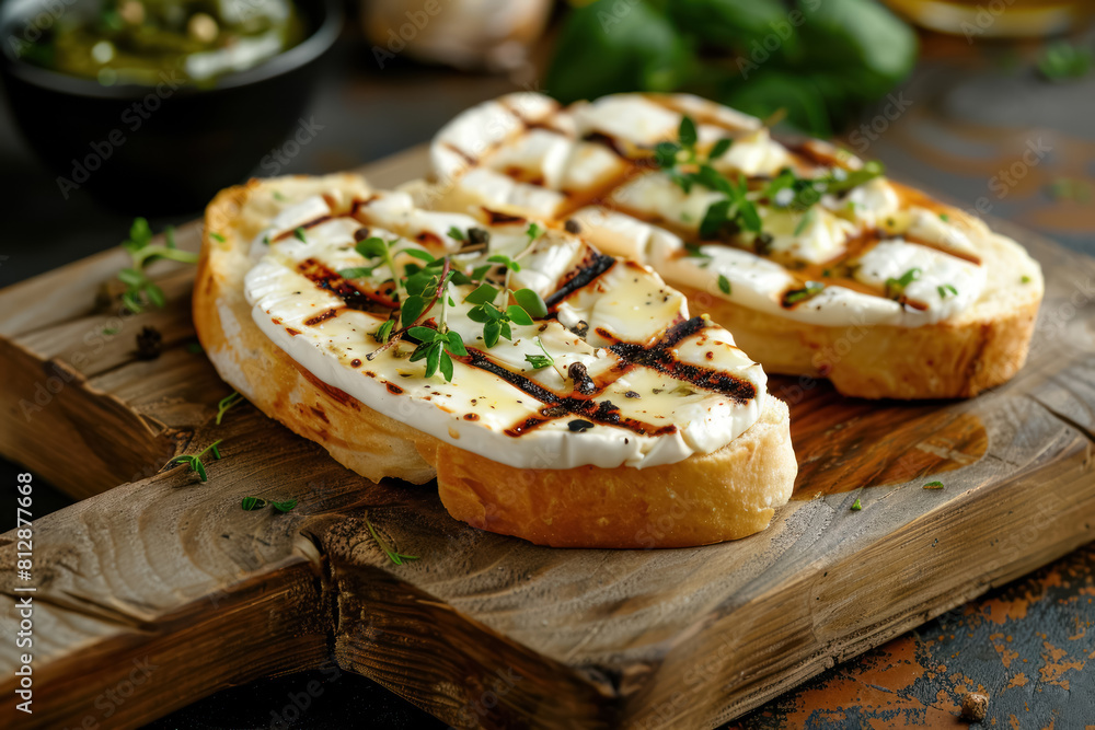 rustic goat cheese on grilled bread topped with fresh herbs and balsamic rustic goat cheese on grilled bread topped with fresh herbs and balsamic