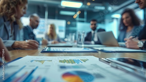 Business people at a meeting, a team working on a project with financial documents and charts at an office table