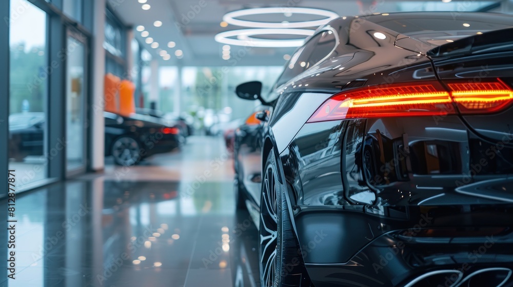 Close-up new black car parked in luxury showroom. Car dealership office. New car parked in modern showroom. Car for sale and rent business concept. Automobile leasing and insurance concept.