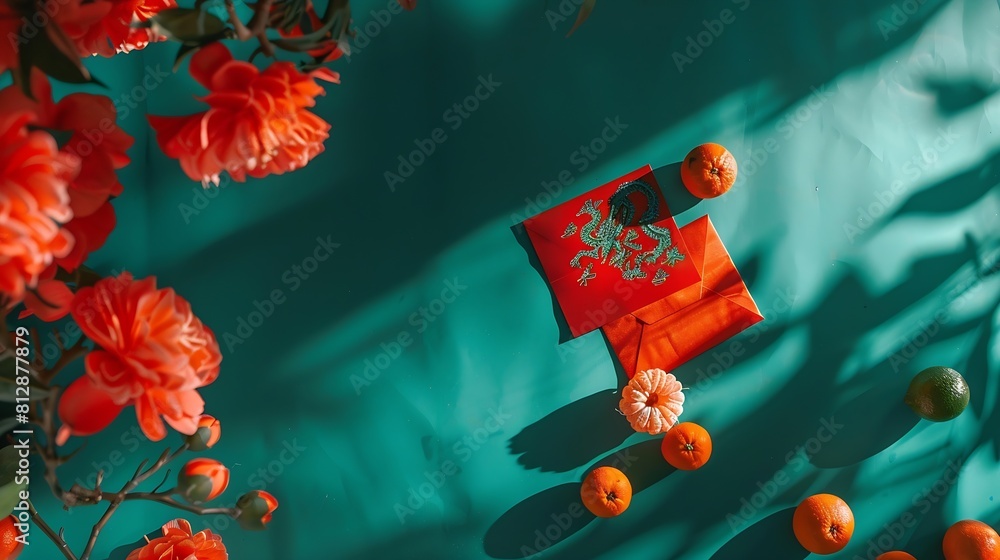 Naklejka premium Chinese New Year of Green Dragon Red packet envelope flowers mandarins festival decorations on teal color background Flat lay top view : Generative AI