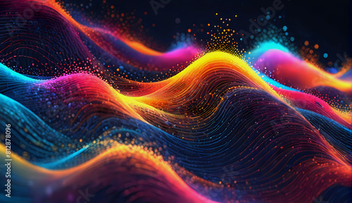 Abstract dake blue neon light wave of particles. Big data. Digital art background. Futuristic design illustration.