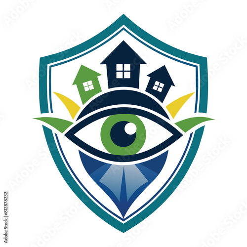 An illustration of a house with a visible eye inside, symbolizing surveillance or vigilance, An abstract logo for a neighborhood watch group incorporating a simple eye shape