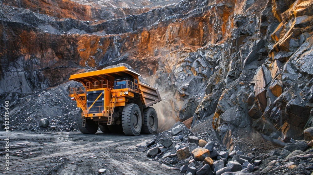 A massive orange mining dump truck loaded with rocks is driving in a rock quarry, illustrating industrial activity and heavy machinery use A massive orange mining dump truck loaded with rocks is driving in a rock quarry, illustrating industrial activity and heavy machinery use