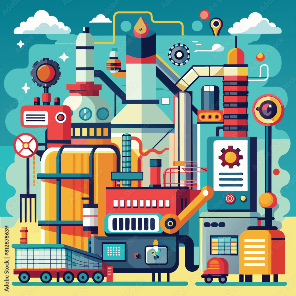 Poster displaying a busy factory with numerous machinery in operation, An artistic representation of a manufacturing plant's machinery and processes Poster displaying a busy factory with numerous machinery in operation, An artistic representation of a manufacturing plant's machinery and processes