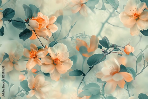 Light colored background with peach and green floral pattern. photo