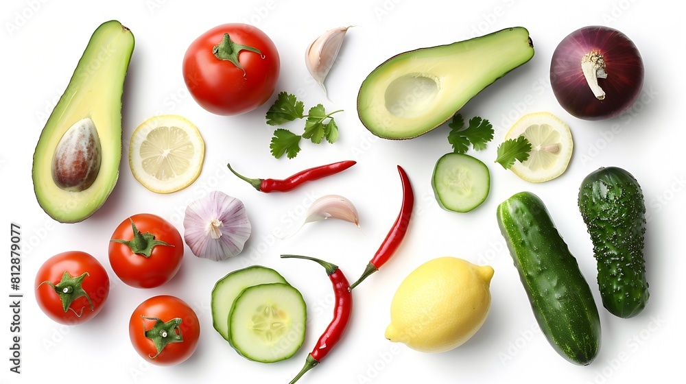 Creative layout made of avocado onion tomatoes chilly pepper cucumber garlic and lemon Flat lay Food concept Vegetables isolated on white background : Generative AI Creative layout made of avocado onion tomatoes chilly pepper cucumber garlic and lemon Flat lay Food concept Vegetables isolated on white background : Generative AI