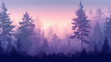 Foggy Old Growth Forest at Dawn: Mystical Beauty of Ancient Woodland in Early Morning Fog   Flat Design Illustration