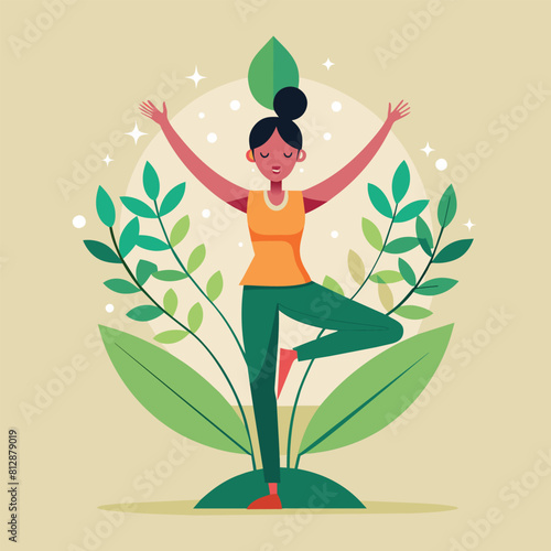 A woman practicing yoga in a tree pose, with leaves surrounding her, An elegant illustration of a tree pose with minimalist detailing