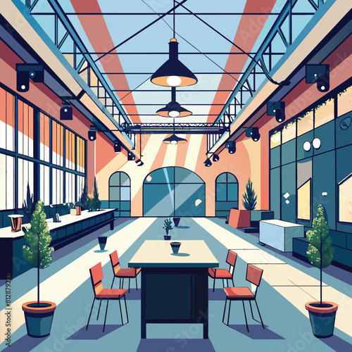 Room Filled With Tables and Chairs, An industrial-style event space featuring minimalist decor and ample natural light
