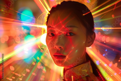 Closeup of a young woman's face illuminated by vibrant neon light rays in a dark setting