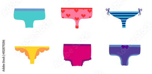 Set of women panties, underwear types string, thong, tanga, bikini. Cheeky, hipster, classic brief, slip, retro high waist or slimming underclothing collection. Cartoon Flat vector illustration.