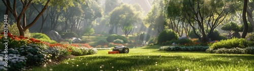 Amidst the serene beauty of a futuristic park, a robotic groundskeeper glides with precision, tending to the landscaping with meticulous care. photo